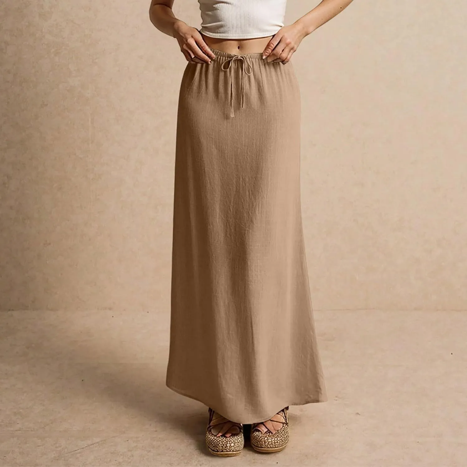 Spring Skirts for Women Cotton Linen Long Summer Casual Drawstring Low Waist Linen Skirts Flowy Vacation Boho