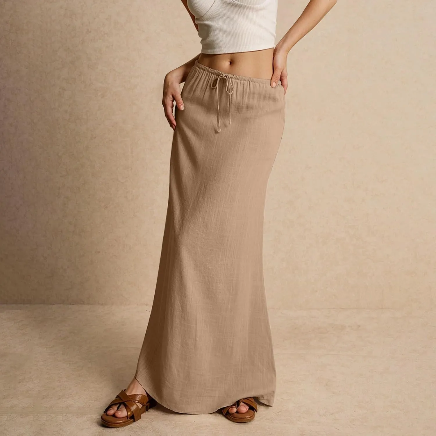 Spring Skirts for Women Cotton Linen Long Summer Casual Drawstring Low Waist Linen Skirts Flowy Vacation Boho