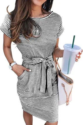 Summer Dress for Women Casual Striped Short Sleeve Solid Color Chic Belted Drop Waist T Shirt Sundress with Pockets