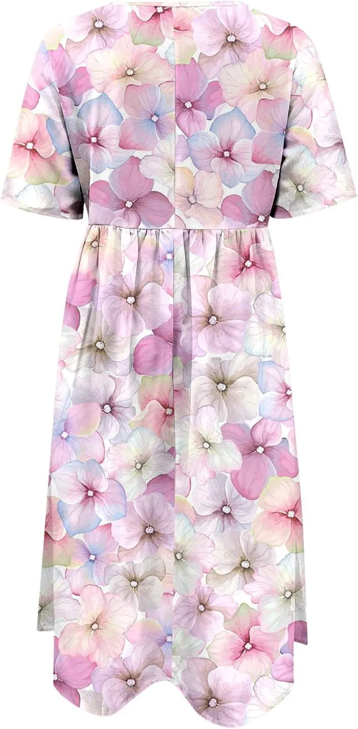 Summer Dresses for Women 2025 Floral Short Sleeve Casual T Shirt Dress Beach Party Sundresses Maxi Coverup with Pockets