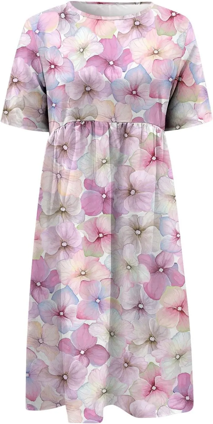 Summer Dresses for Women 2025 Floral Short Sleeve Casual T Shirt Dress Beach Party Sundresses Maxi Coverup with Pockets
