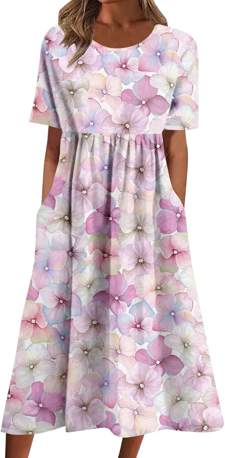 Summer Dresses for Women 2025 Floral Short Sleeve Casual T Shirt Dress Beach Party Sundresses Maxi Coverup with Pockets