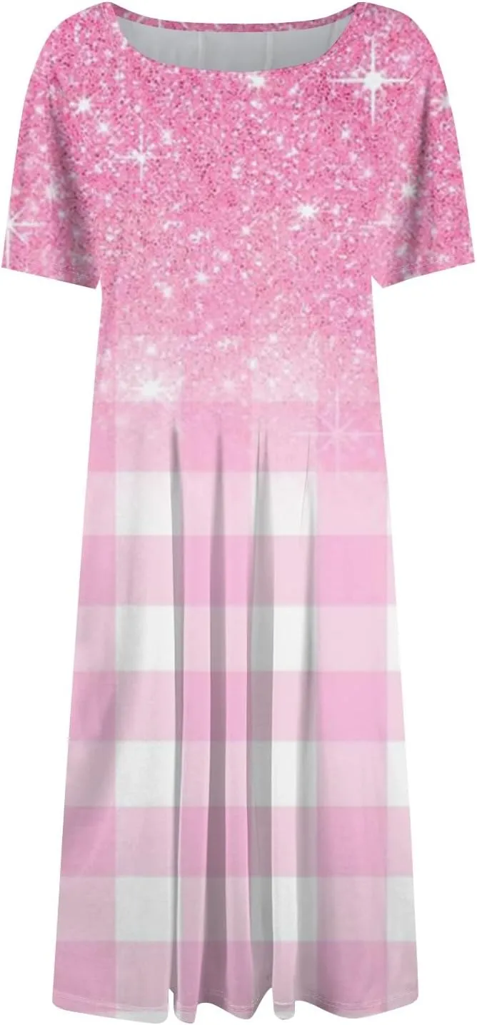 Summer Dresses for Women 2025 Midi Short Sleeve Round Neck Dresses Elegant Pleated with Side Pocket A Line Dress