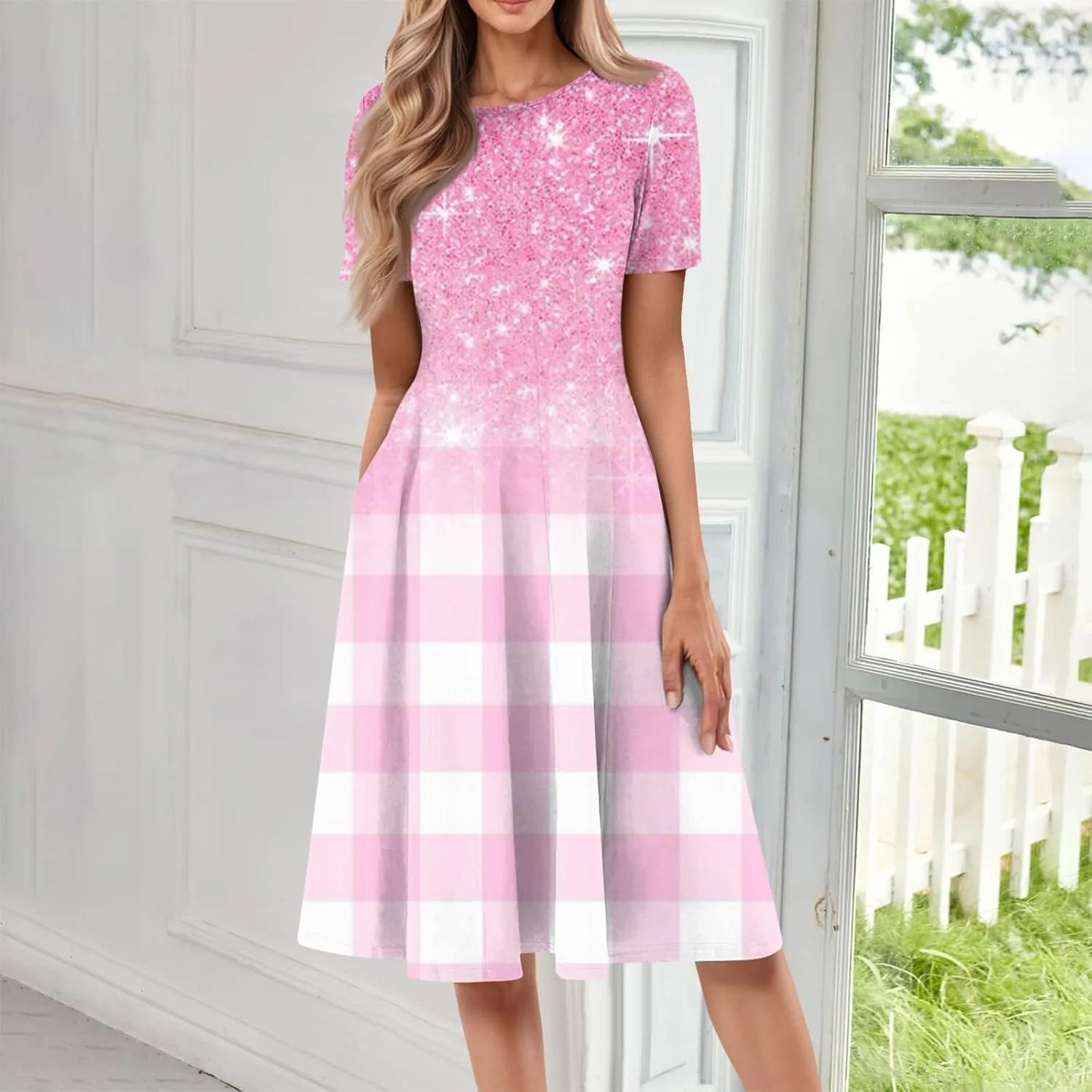 Summer Dresses for Women 2025 Midi Short Sleeve Round Neck Dresses Elegant Pleated with Side Pocket A Line Dress