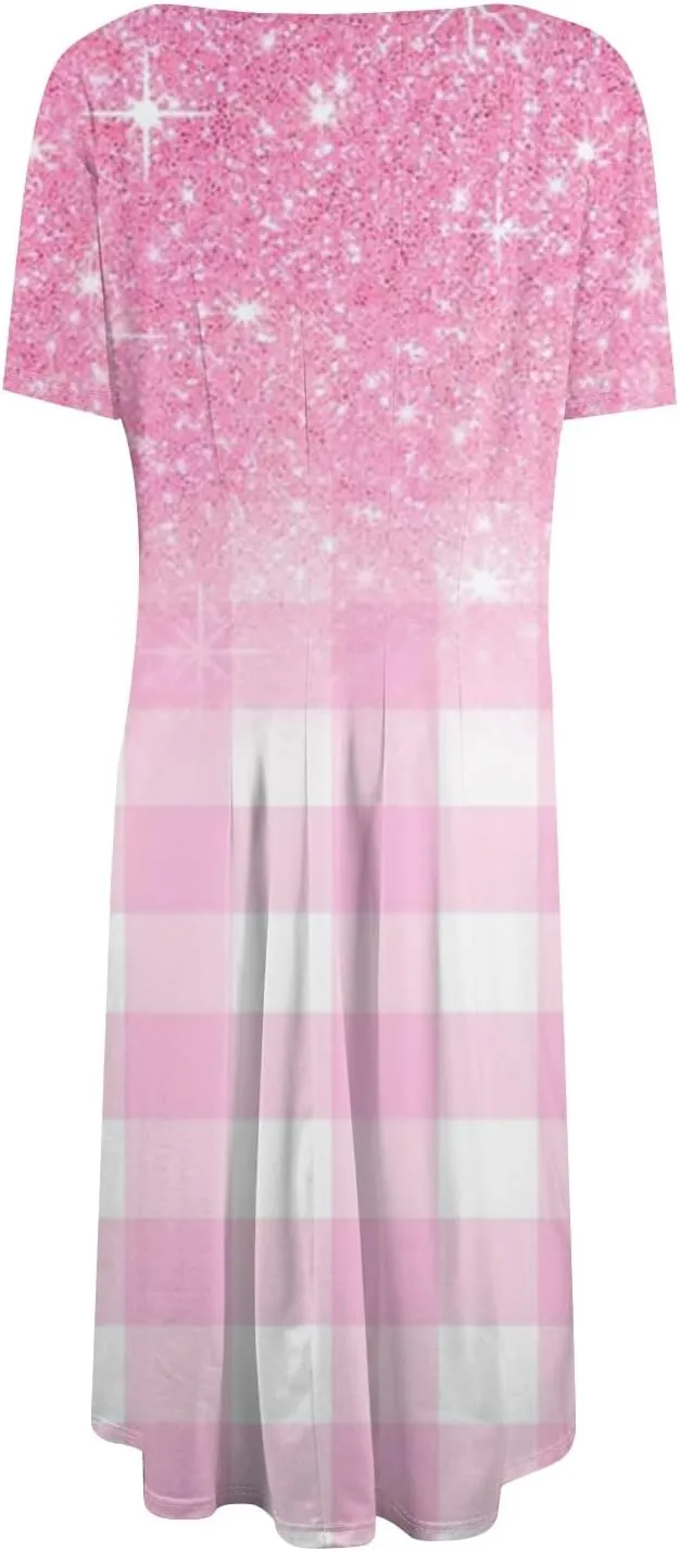 Summer Dresses for Women 2025 Midi Short Sleeve Round Neck Dresses Elegant Pleated with Side Pocket A Line Dress
