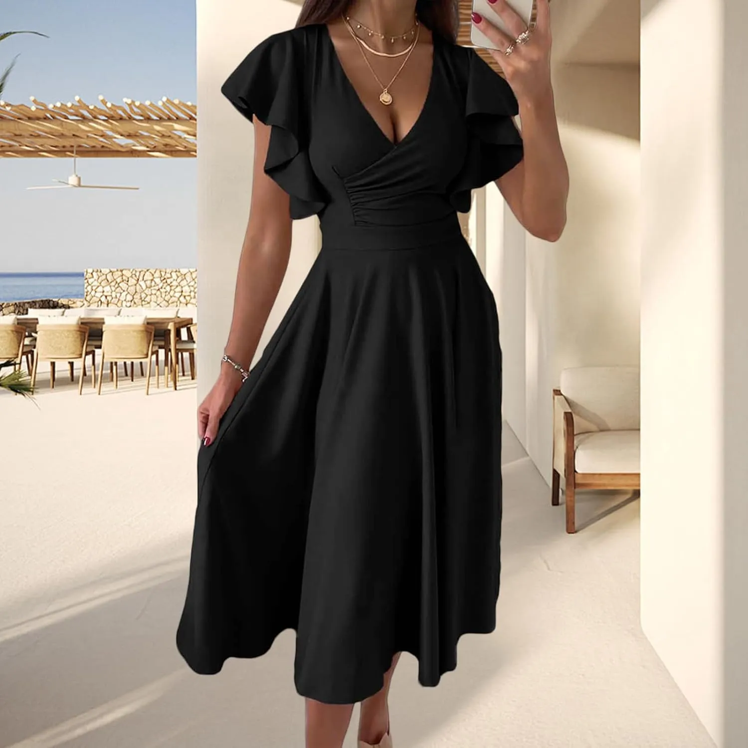 Summer Midi Dresses for Women V Neck Elegant Party Dress Short Sleeve A Line Dress Cocktail Wedding Guest Sundress