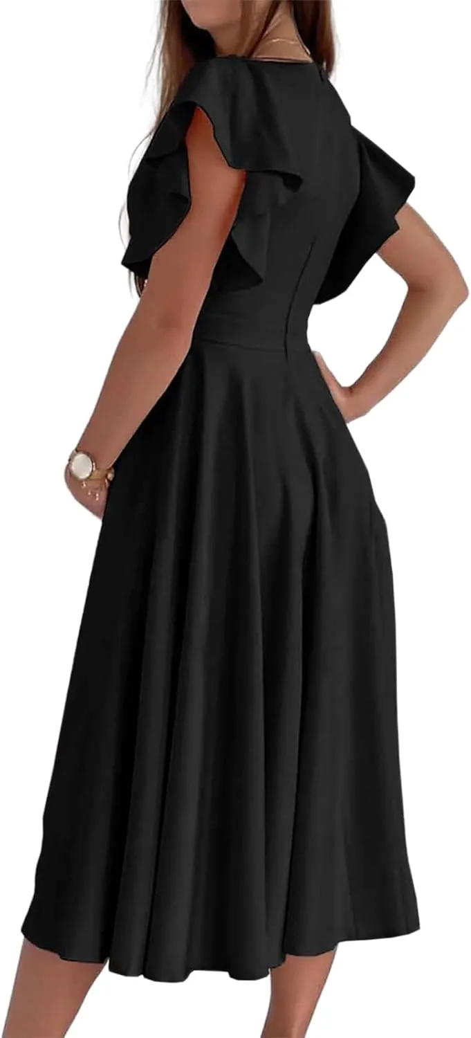 Summer Midi Dresses for Women V Neck Elegant Party Dress Short Sleeve A Line Dress Cocktail Wedding Guest Sundress