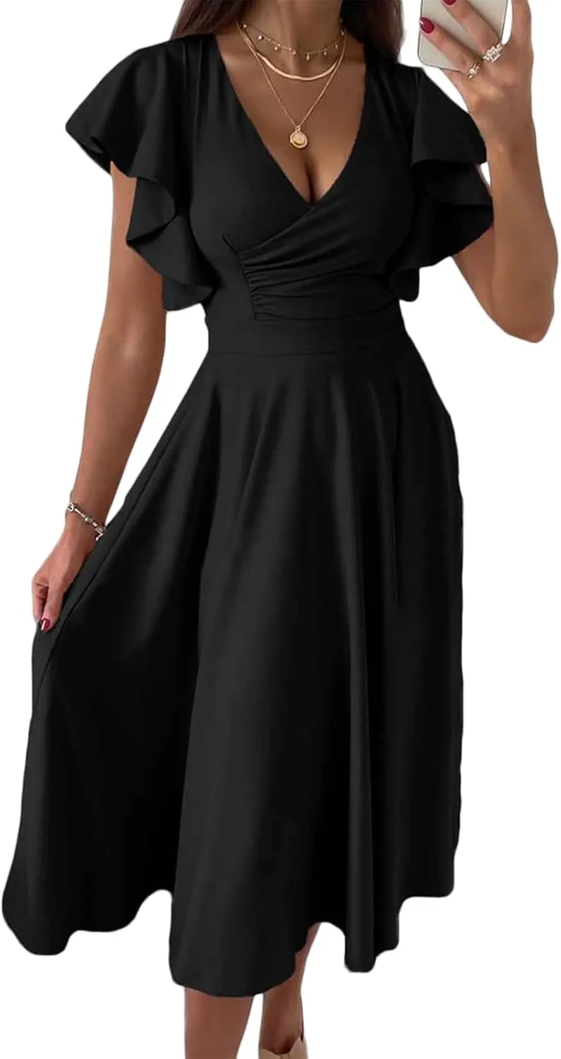 Summer Midi Dresses for Women V Neck Elegant Party Dress Short Sleeve A Line Dress Cocktail Wedding Guest Sundress