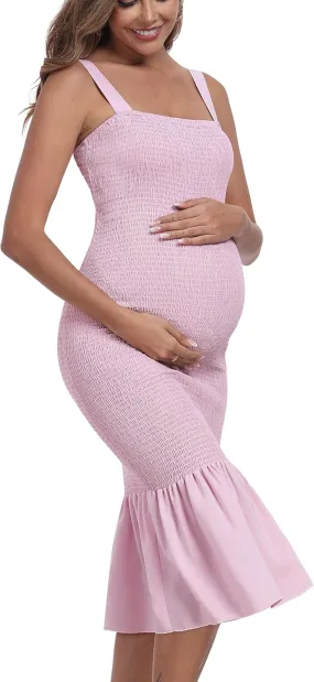 Summer Tank Maternity Dress Sleeveless Strappy Midi Bodycon Square Neck Ruffle Mermaid Smocked Dress for Baby Shower