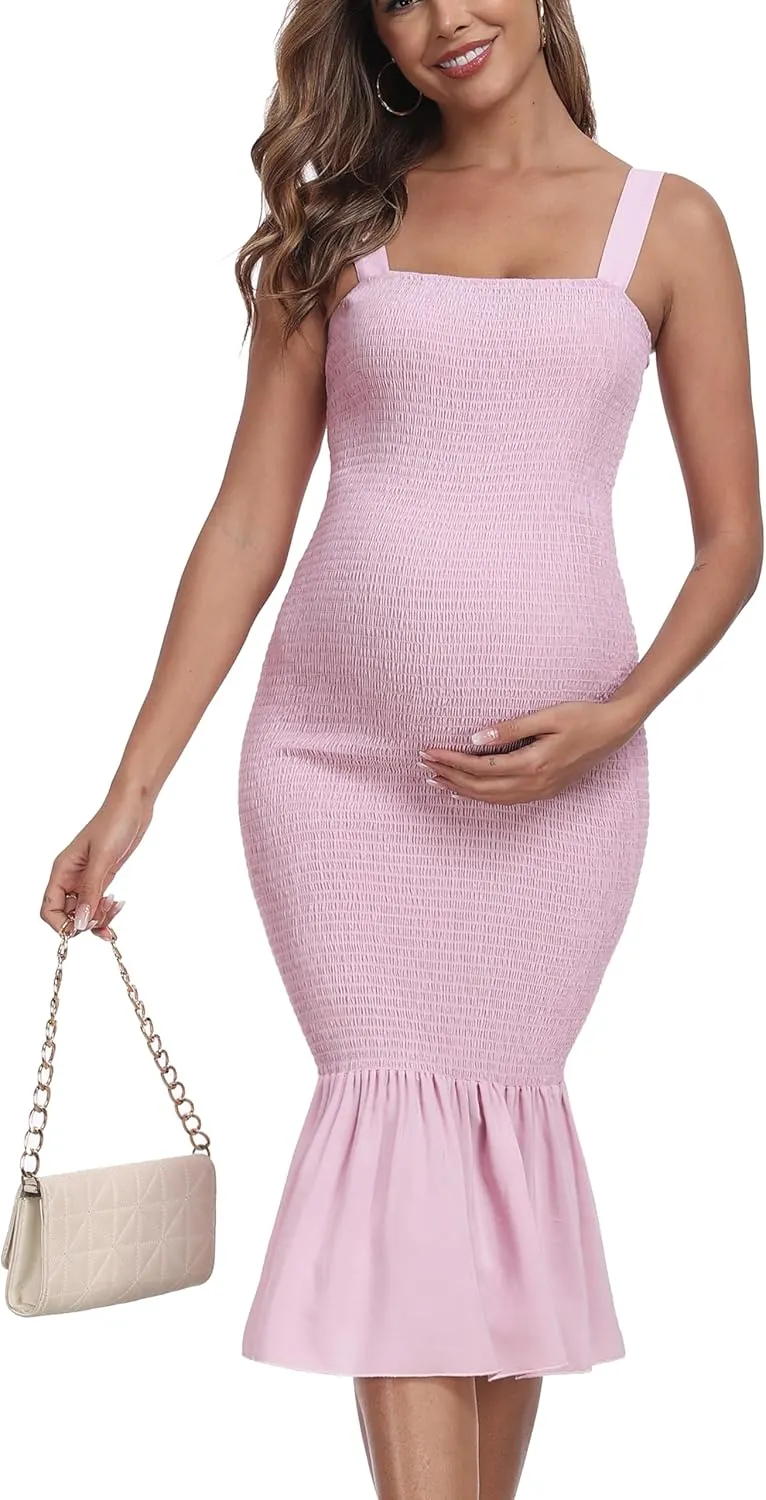 Summer Tank Maternity Dress Sleeveless Strappy Midi Bodycon Square Neck Ruffle Mermaid Smocked Dress for Baby Shower
