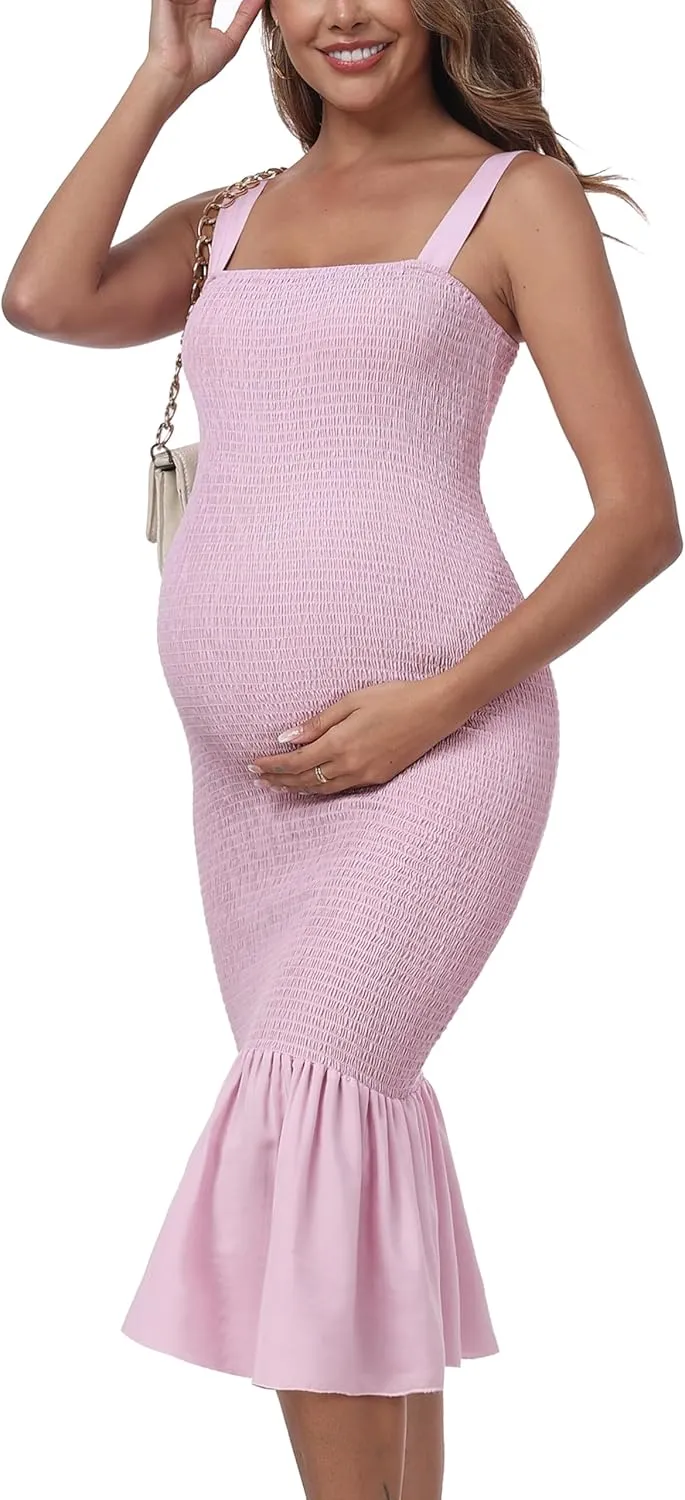 Summer Tank Maternity Dress Sleeveless Strappy Midi Bodycon Square Neck Ruffle Mermaid Smocked Dress for Baby Shower