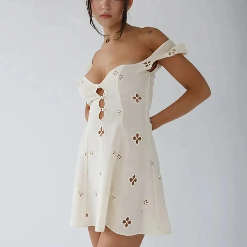 Tavimart Square Collar Black Mini Dress Summer Sexy High Waist Short Sleeve Beachwear Bodycon Hollow Out Sundress Female