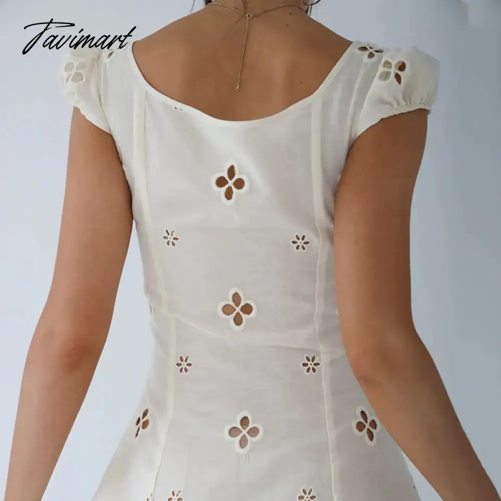 Tavimart Square Collar Black Mini Dress Summer Sexy High Waist Short Sleeve Beachwear Bodycon Hollow Out Sundress Female