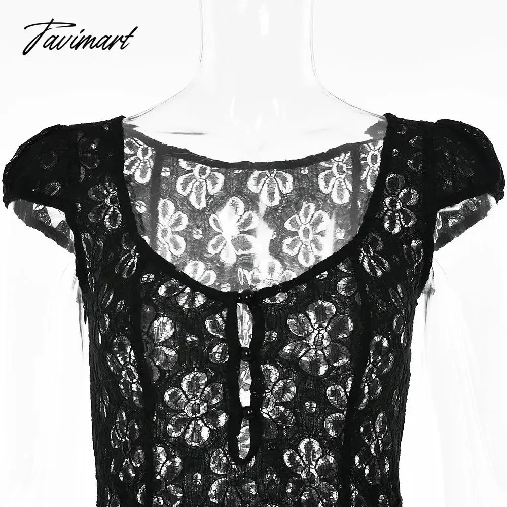 Tavimart Square Collar Black Mini Dress Summer Sexy High Waist Short Sleeve Beachwear Bodycon Hollow Out Sundress Female