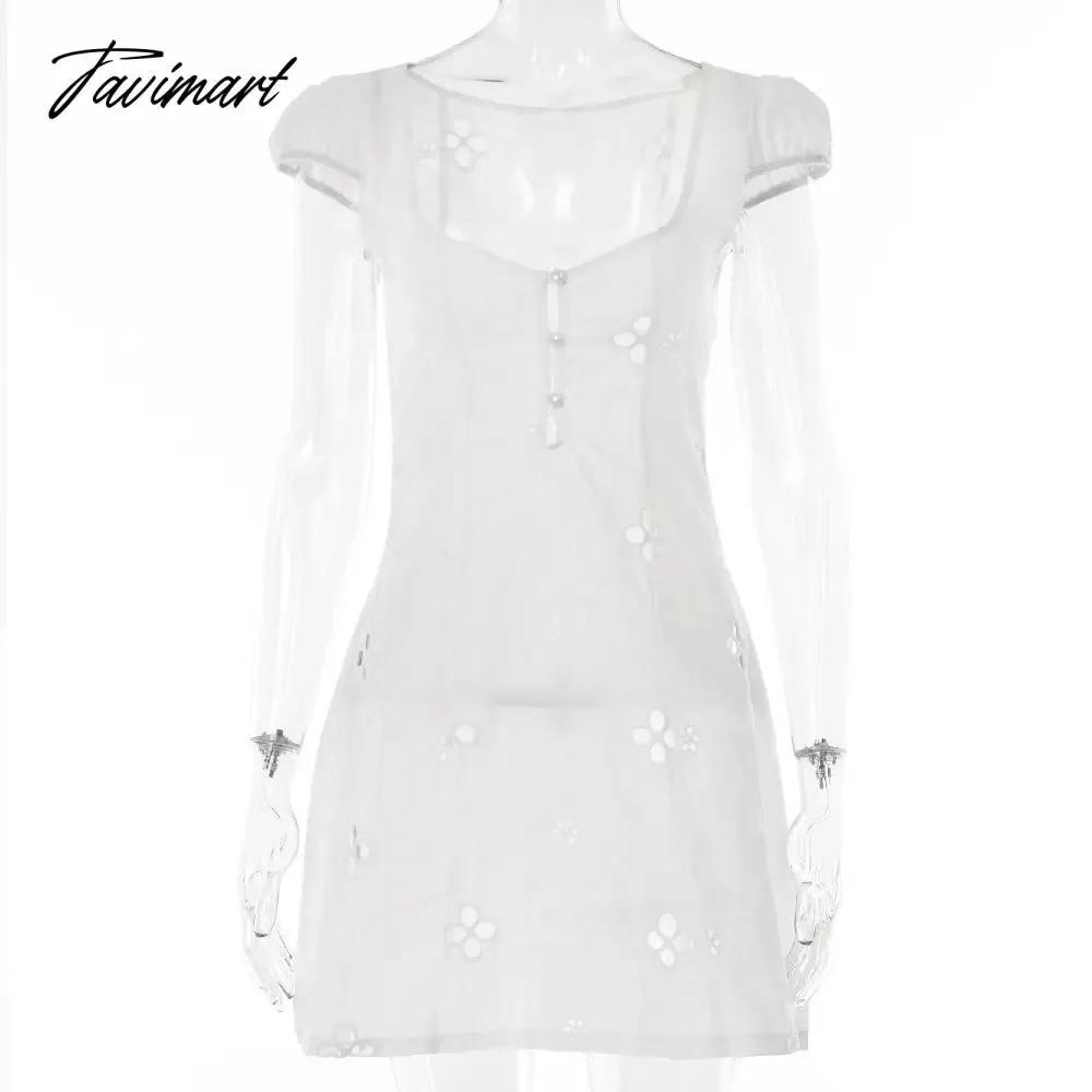 Tavimart Square Collar Black Mini Dress Summer Sexy High Waist Short Sleeve Beachwear Bodycon Hollow Out Sundress Female