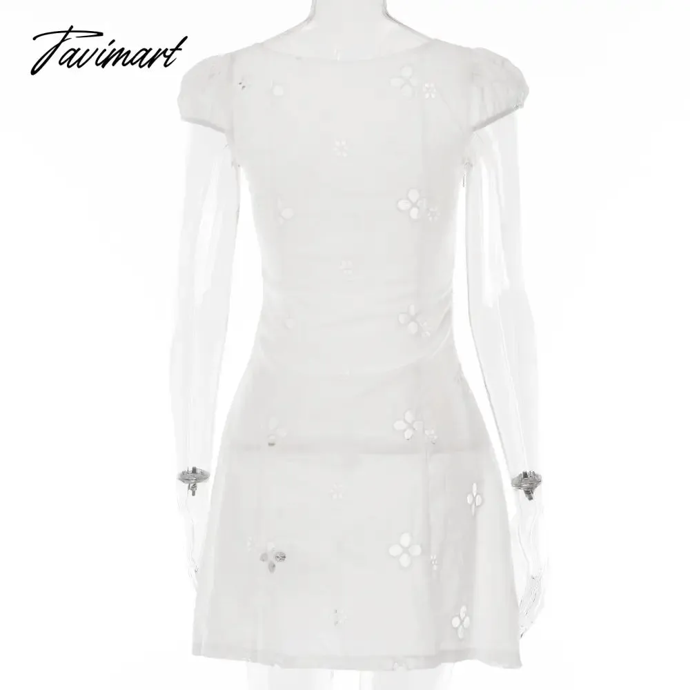 Tavimart Square Collar Black Mini Dress Summer Sexy High Waist Short Sleeve Beachwear Bodycon Hollow Out Sundress Female