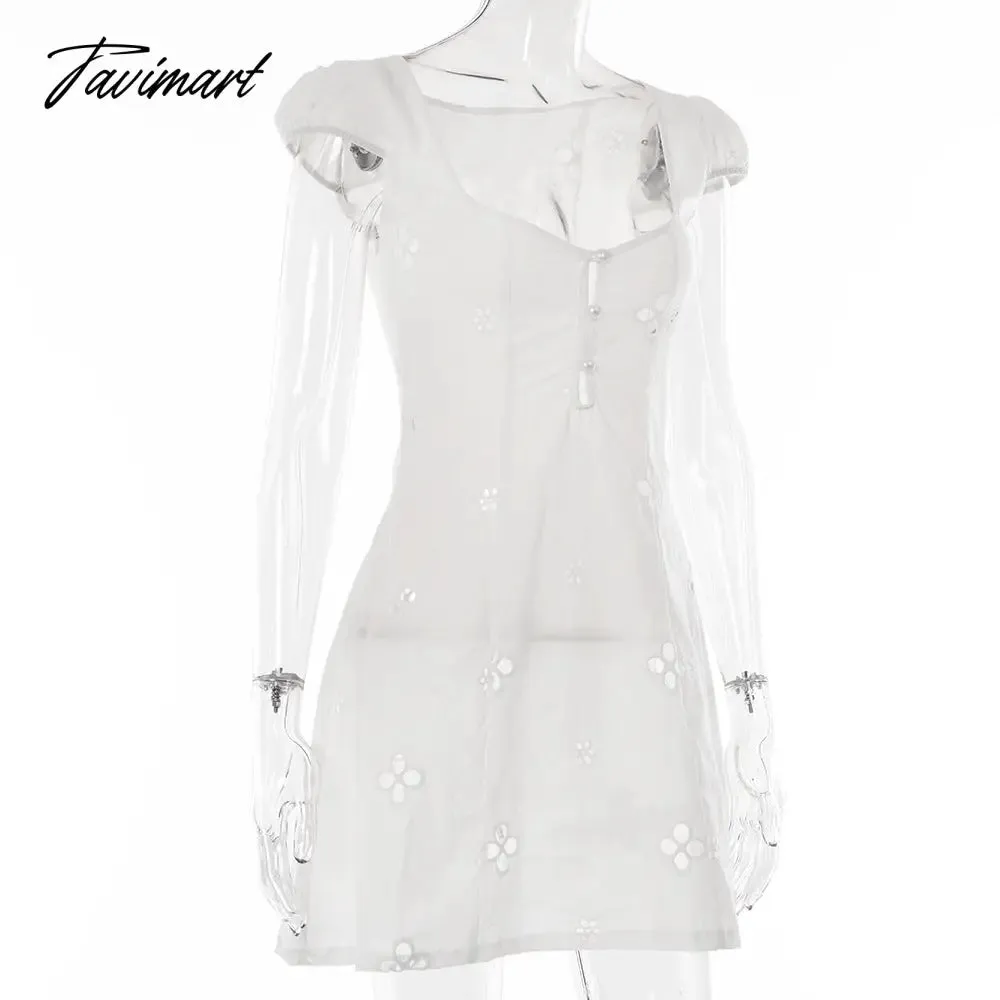 Tavimart Square Collar Black Mini Dress Summer Sexy High Waist Short Sleeve Beachwear Bodycon Hollow Out Sundress Female