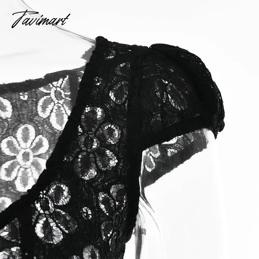 Tavimart Square Collar Black Mini Dress Summer Sexy High Waist Short Sleeve Beachwear Bodycon Hollow Out Sundress Female