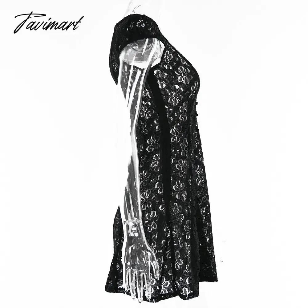 Tavimart Square Collar Black Mini Dress Summer Sexy High Waist Short Sleeve Beachwear Bodycon Hollow Out Sundress Female