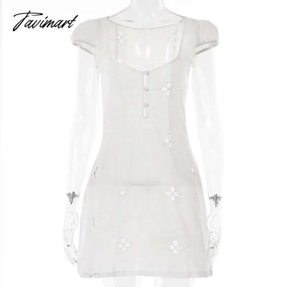 Tavimart Square Collar Black Mini Dress Summer Sexy High Waist Short Sleeve Beachwear Bodycon Hollow Out Sundress Female