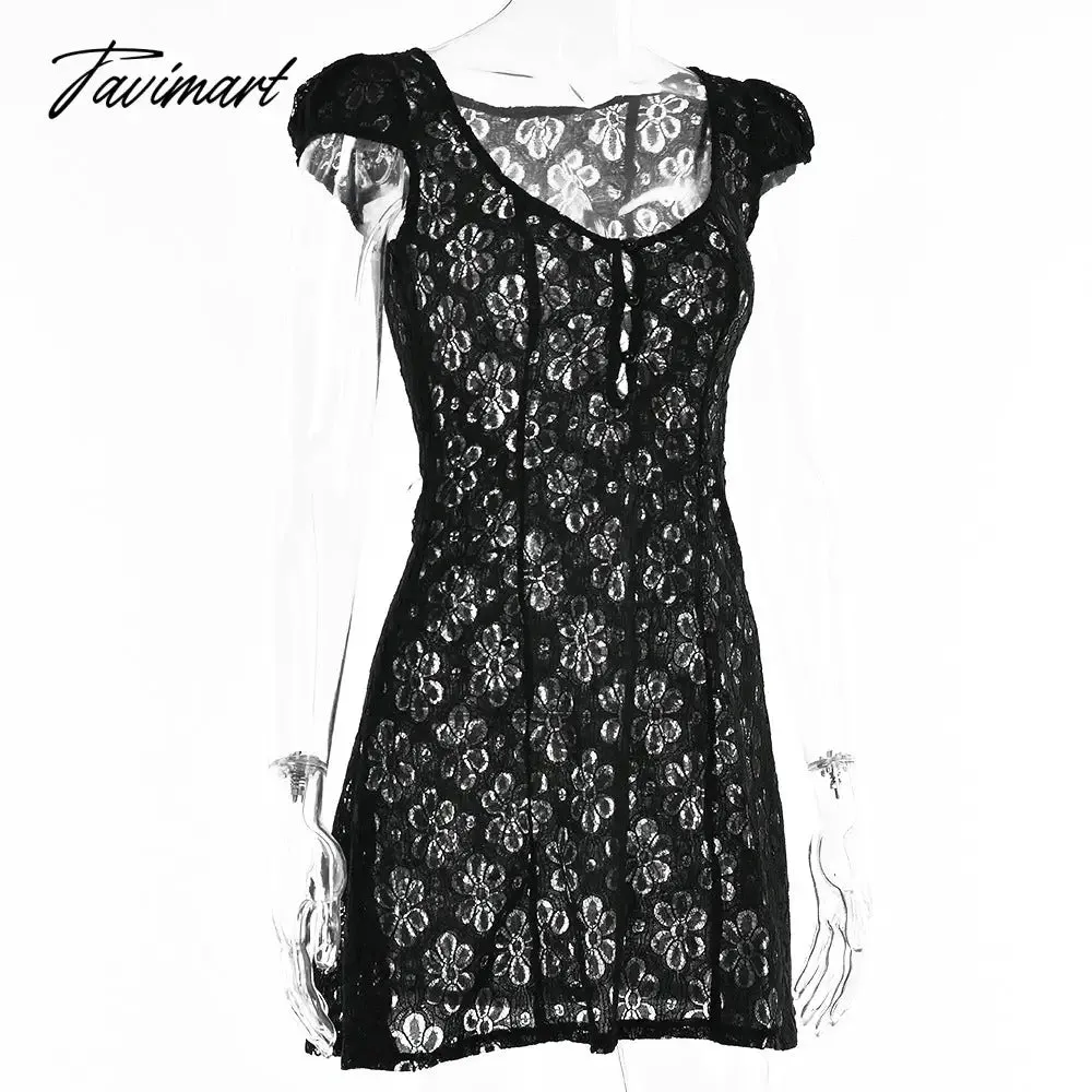 Tavimart Square Collar Black Mini Dress Summer Sexy High Waist Short Sleeve Beachwear Bodycon Hollow Out Sundress Female
