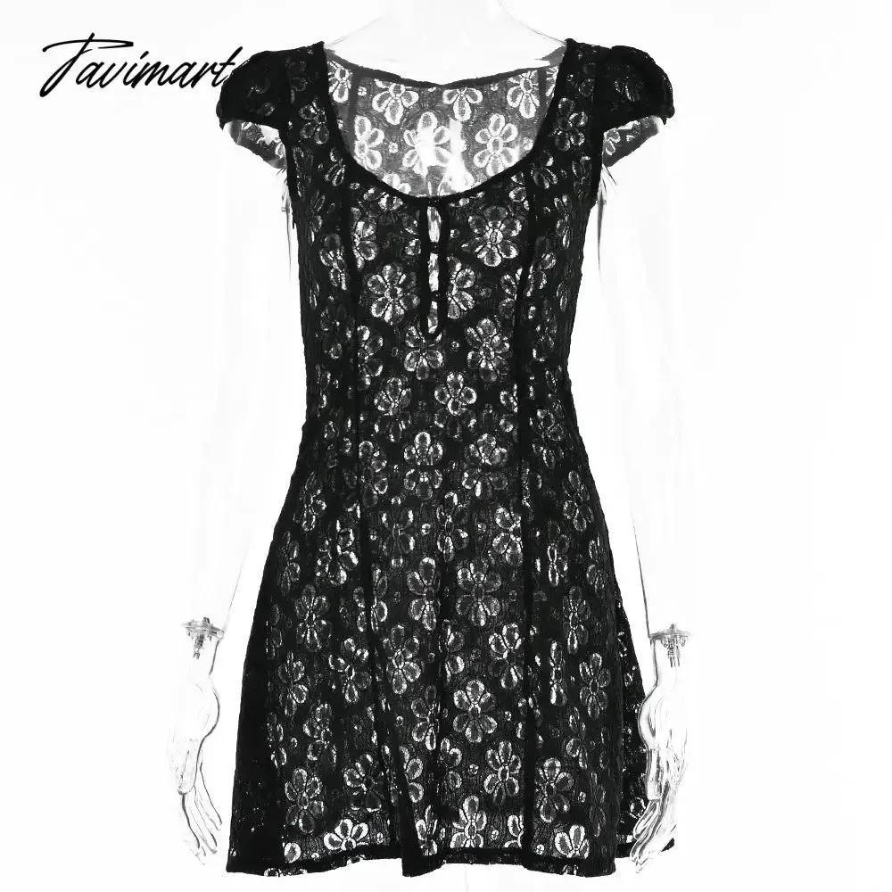 Tavimart Square Collar Black Mini Dress Summer Sexy High Waist Short Sleeve Beachwear Bodycon Hollow Out Sundress Female