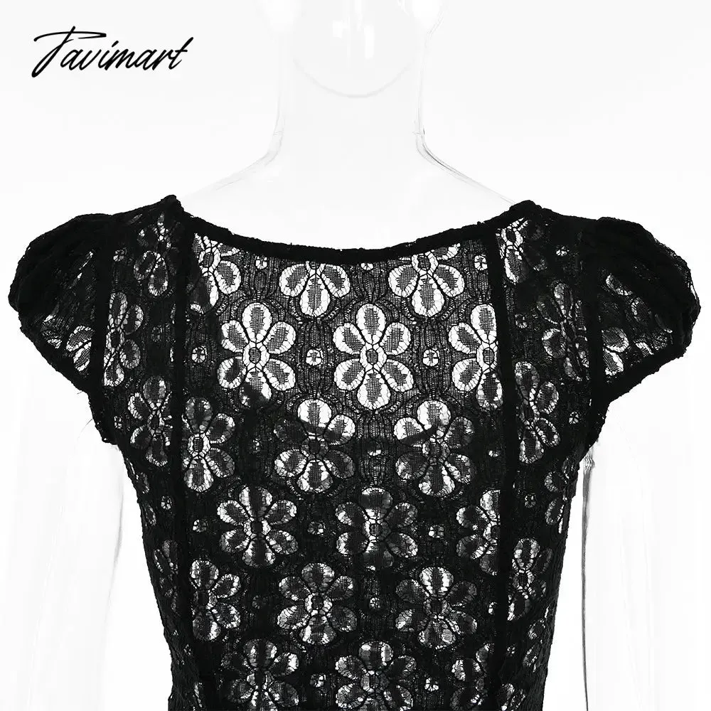 Tavimart Square Collar Black Mini Dress Summer Sexy High Waist Short Sleeve Beachwear Bodycon Hollow Out Sundress Female