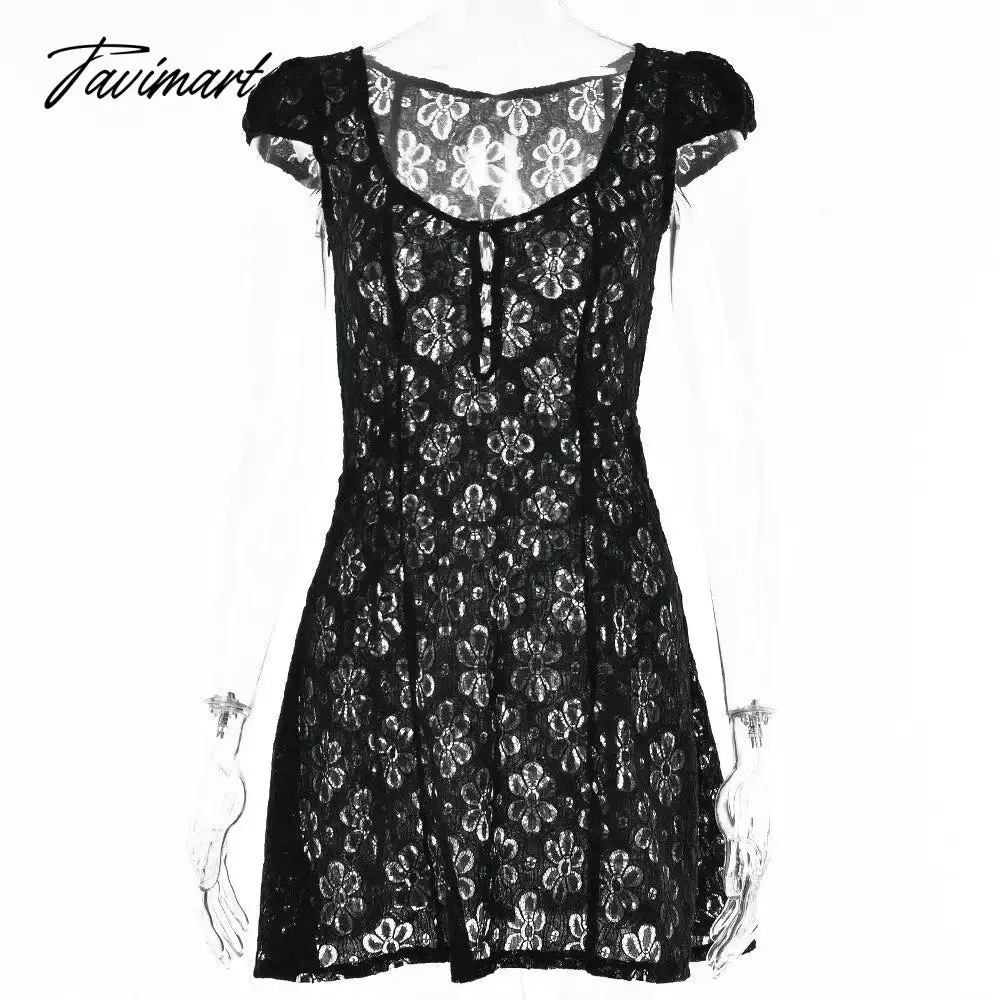 Tavimart Square Collar Black Mini Dress Summer Sexy High Waist Short Sleeve Beachwear Bodycon Hollow Out Sundress Female