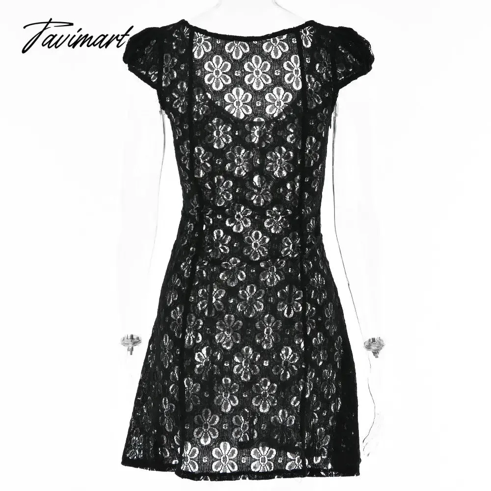 Tavimart Square Collar Black Mini Dress Summer Sexy High Waist Short Sleeve Beachwear Bodycon Hollow Out Sundress Female