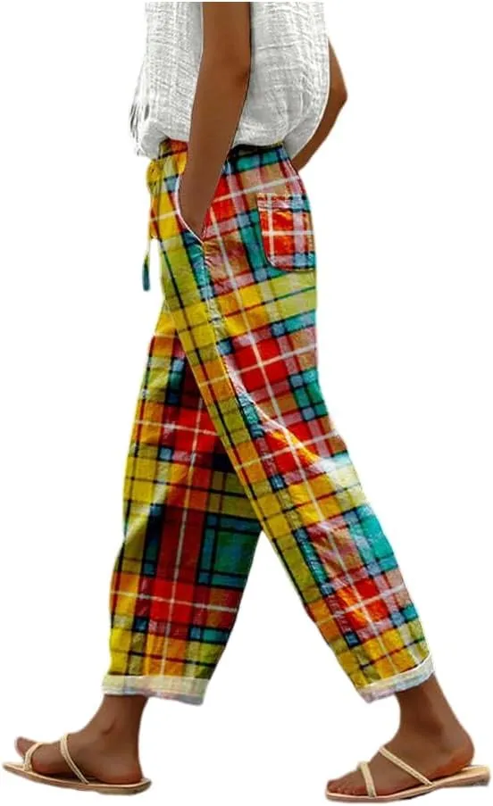 TIAFORD Womens Floral Prirted Linen Pants Summer Beach Relaxed Fit Straight Leg Crop Trousers with Pockets