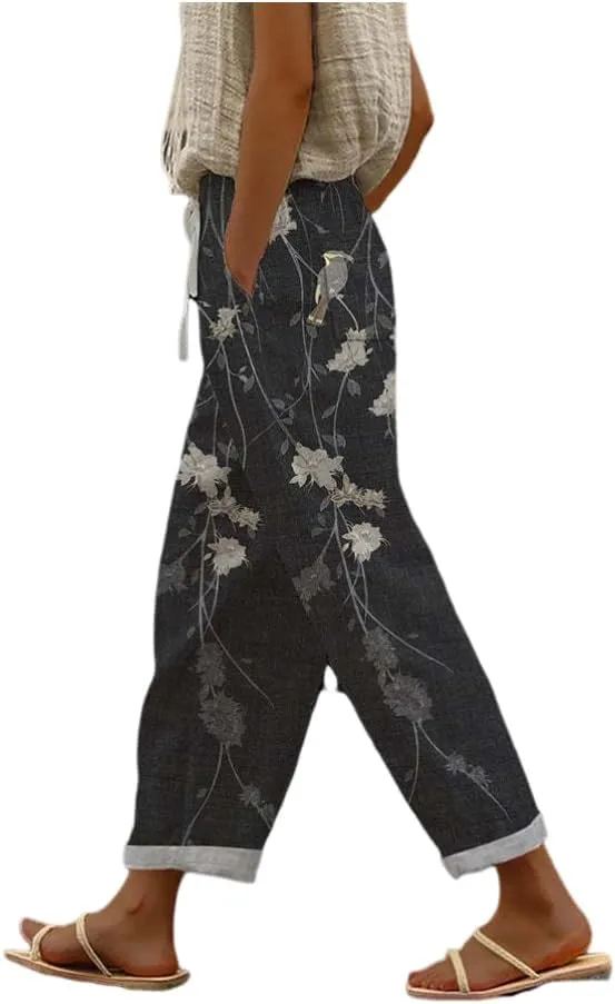 TIAFORD Womens Floral Prirted Linen Pants Summer Beach Relaxed Fit Straight Leg Crop Trousers with Pockets