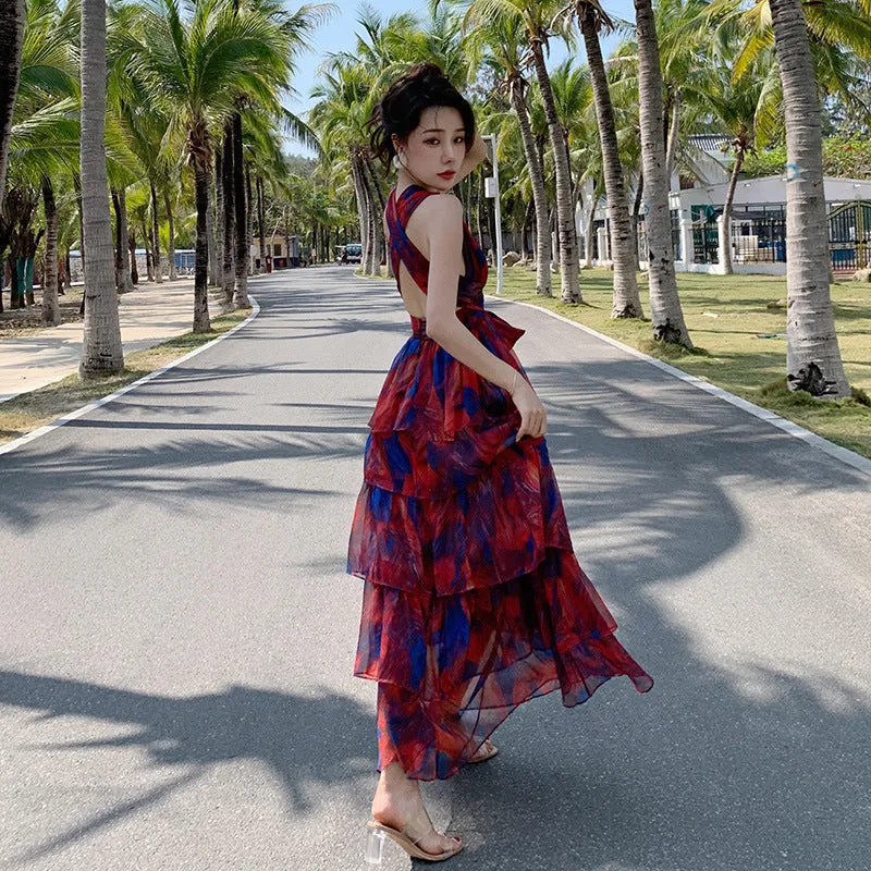 V-neck Printed Dress High Waist Long Dress Summer Dress 784