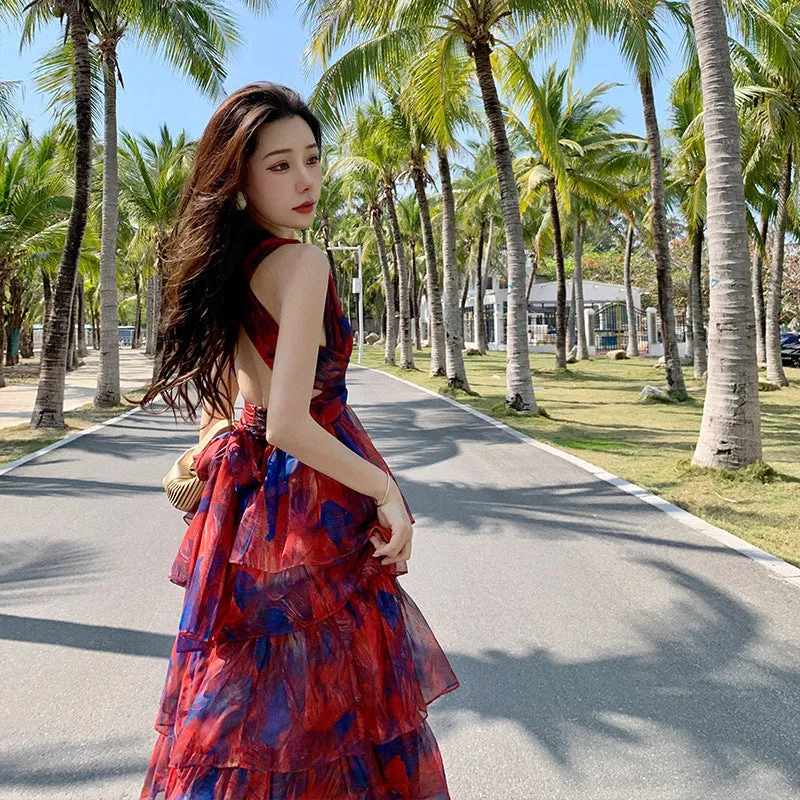 V-neck Printed Dress High Waist Long Dress Summer Dress 784