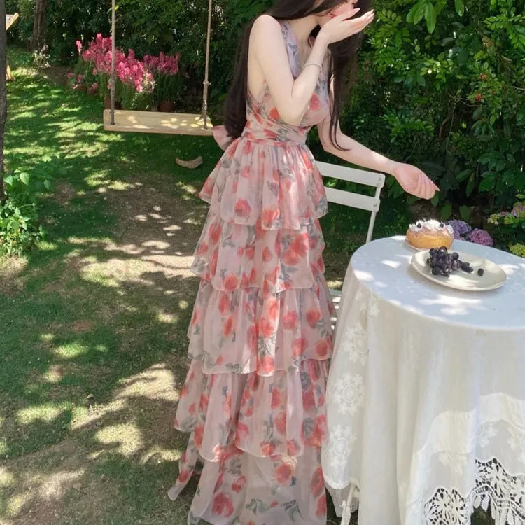 V-neck Printed Dress High Waist Long Dress Summer Dress 784