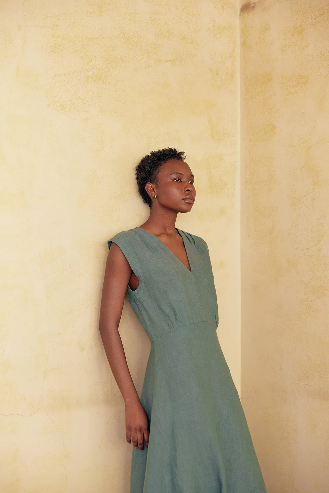 V-Neck Relaxed Dress Washed Linen - Agave