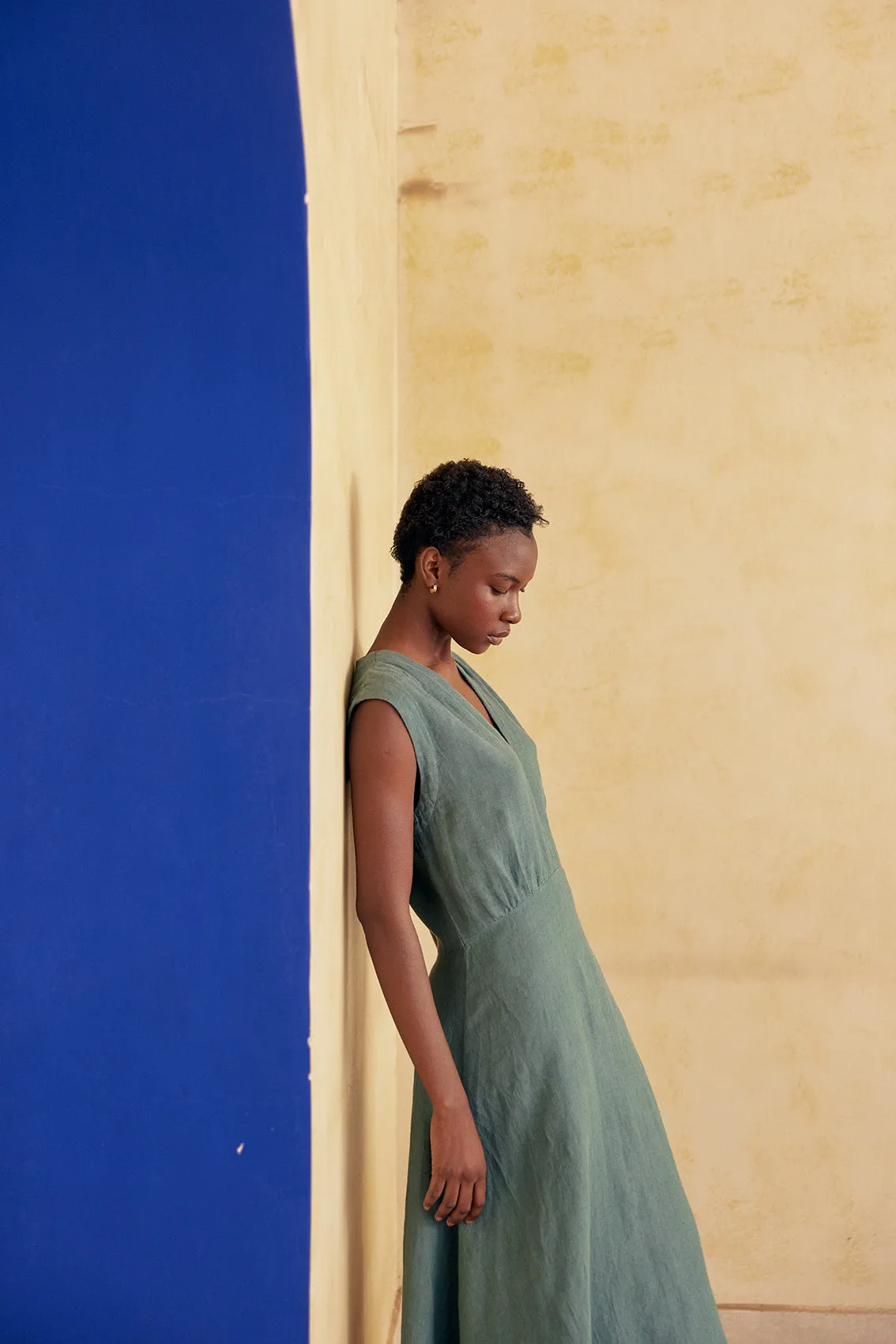 V-Neck Relaxed Dress Washed Linen - Agave