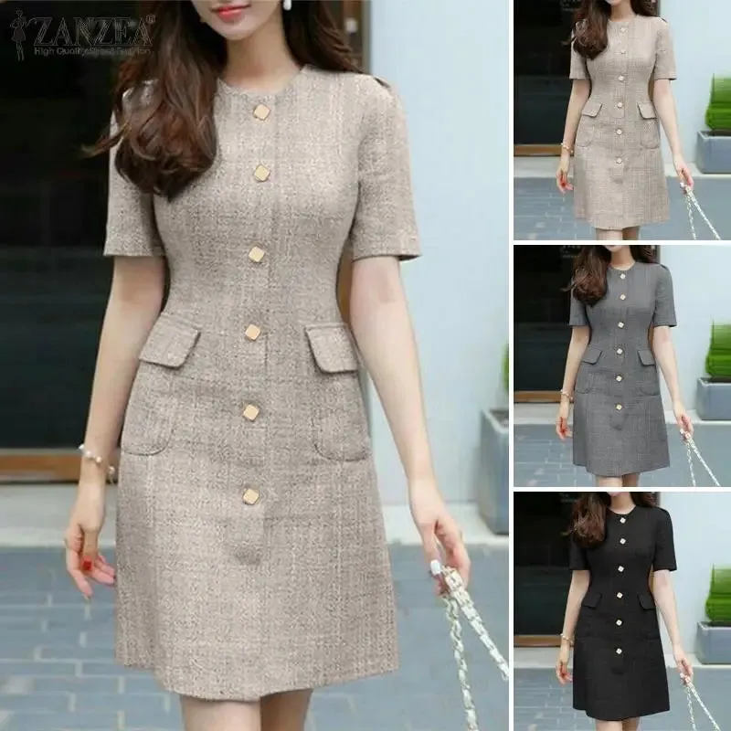 Vintage Short Sleeve Button Casual Dress