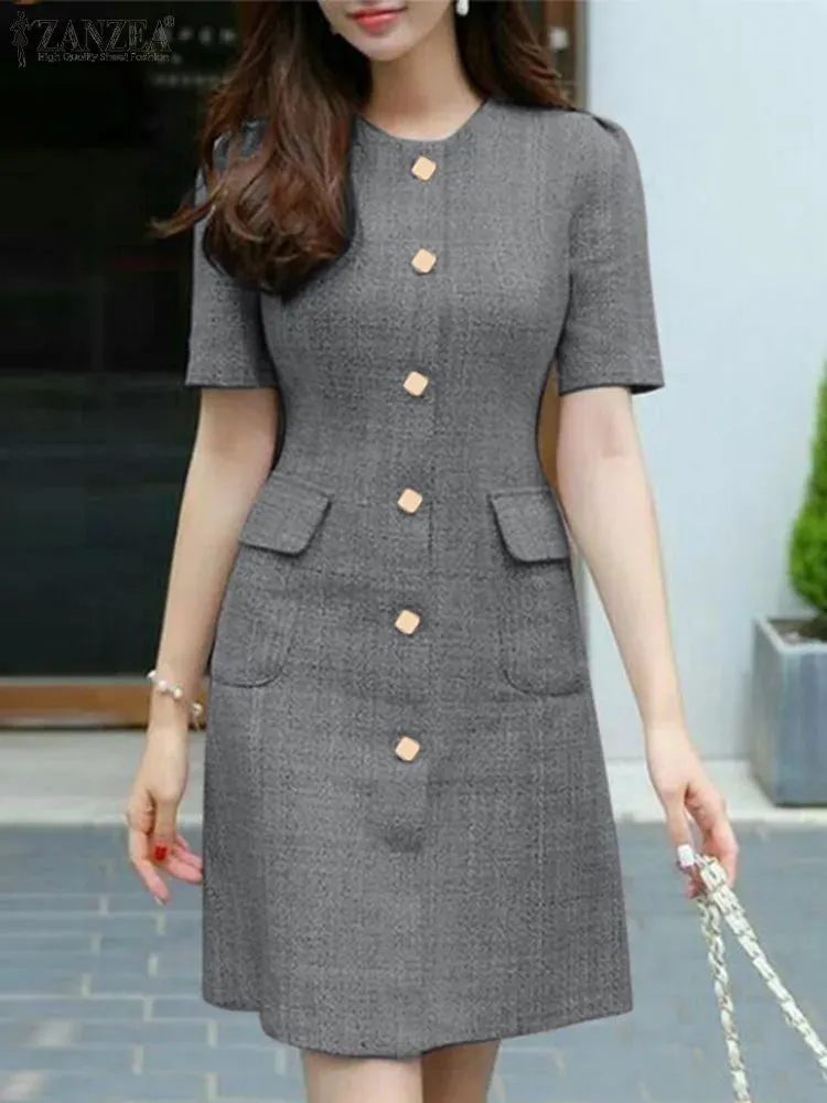 Vintage Short Sleeve Button Casual Dress