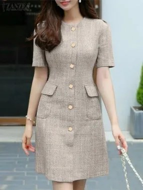 Vintage Short Sleeve Button Casual Dress