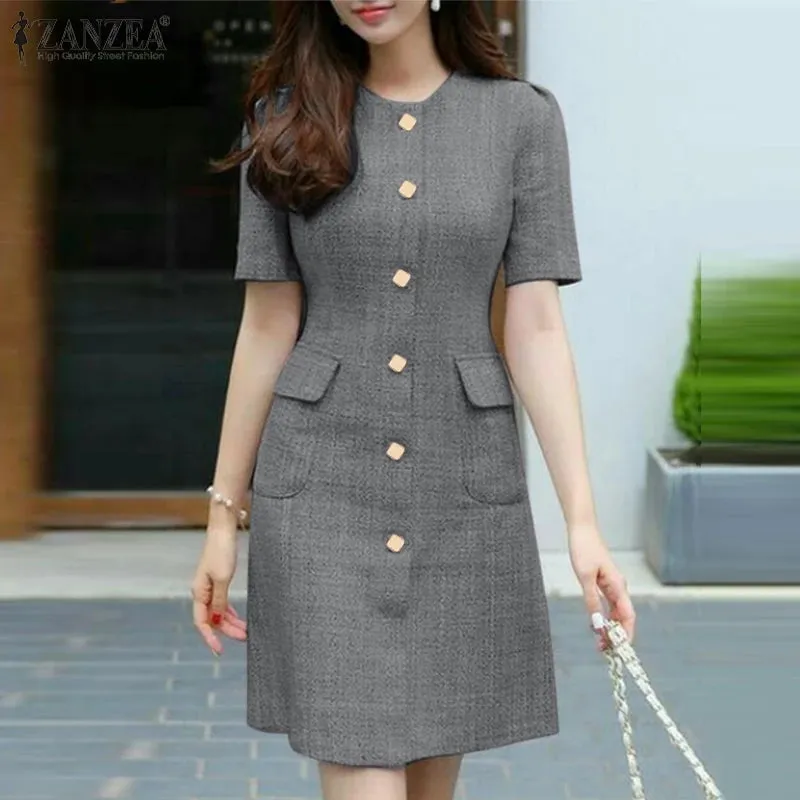 Vintage Short Sleeve Button Casual Dress