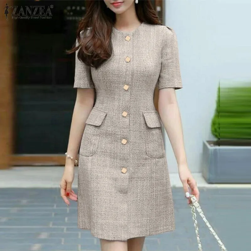 Vintage Short Sleeve Button Casual Dress