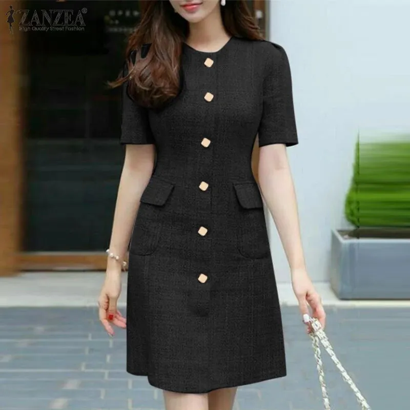 Vintage Short Sleeve Button Casual Dress