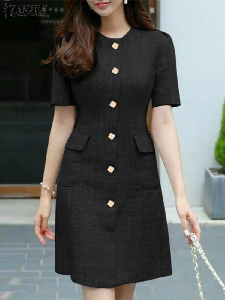 Vintage Short Sleeve Button Casual Dress