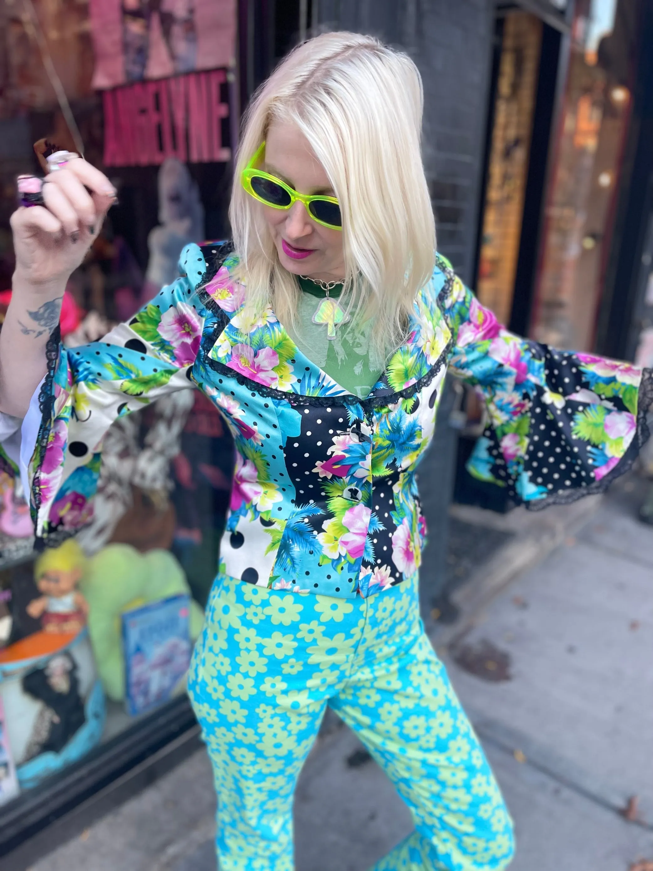 Vintage Y2K Silk Bell Sleeve Mix Print Blazer