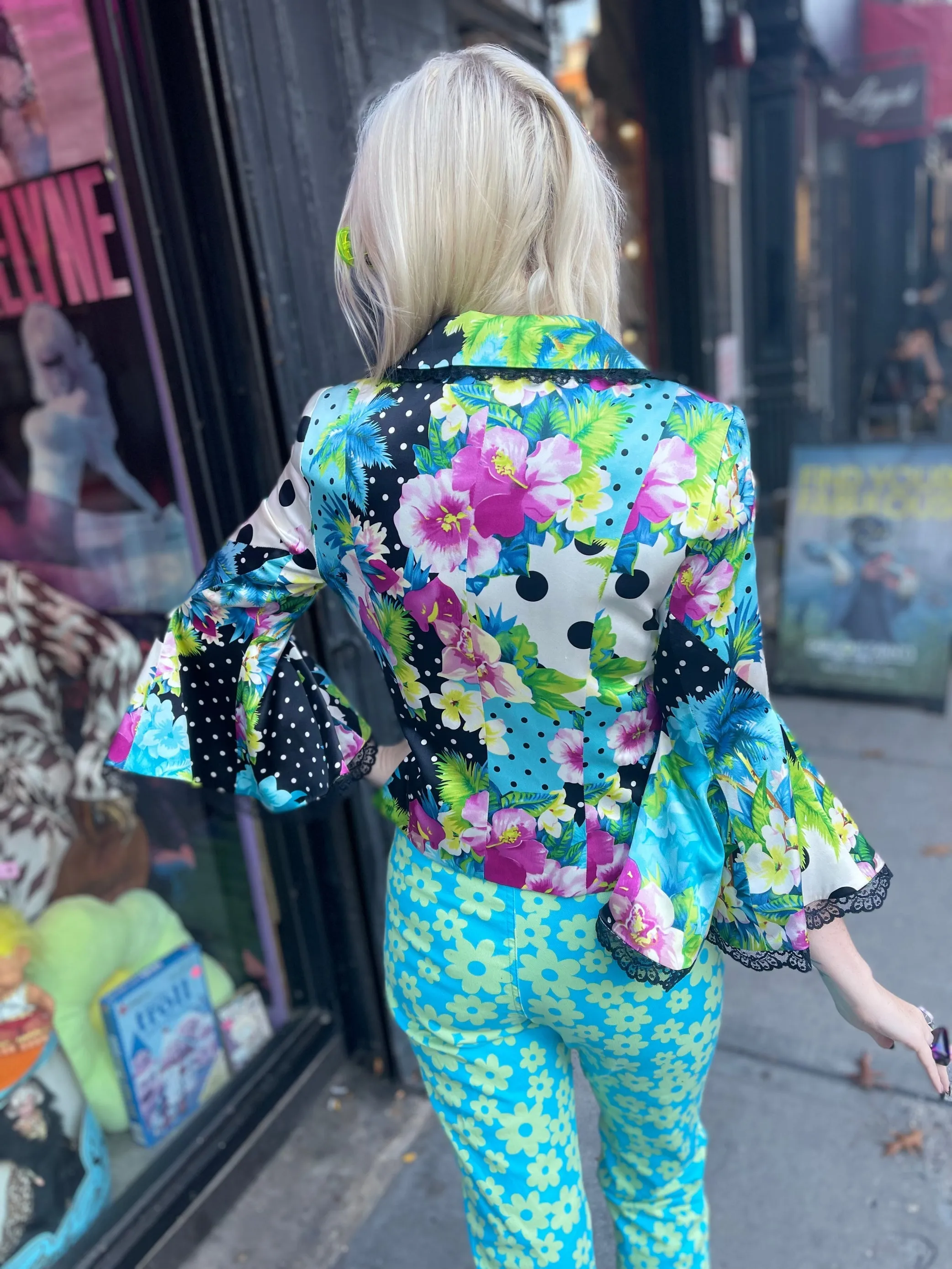 Vintage Y2K Silk Bell Sleeve Mix Print Blazer