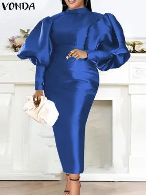 VONDA Elegant Party Dress Autumn Women Satin Silk Dress Long Sleeve Sundress Stand Collar Solid Color Casual Vestidos Robe