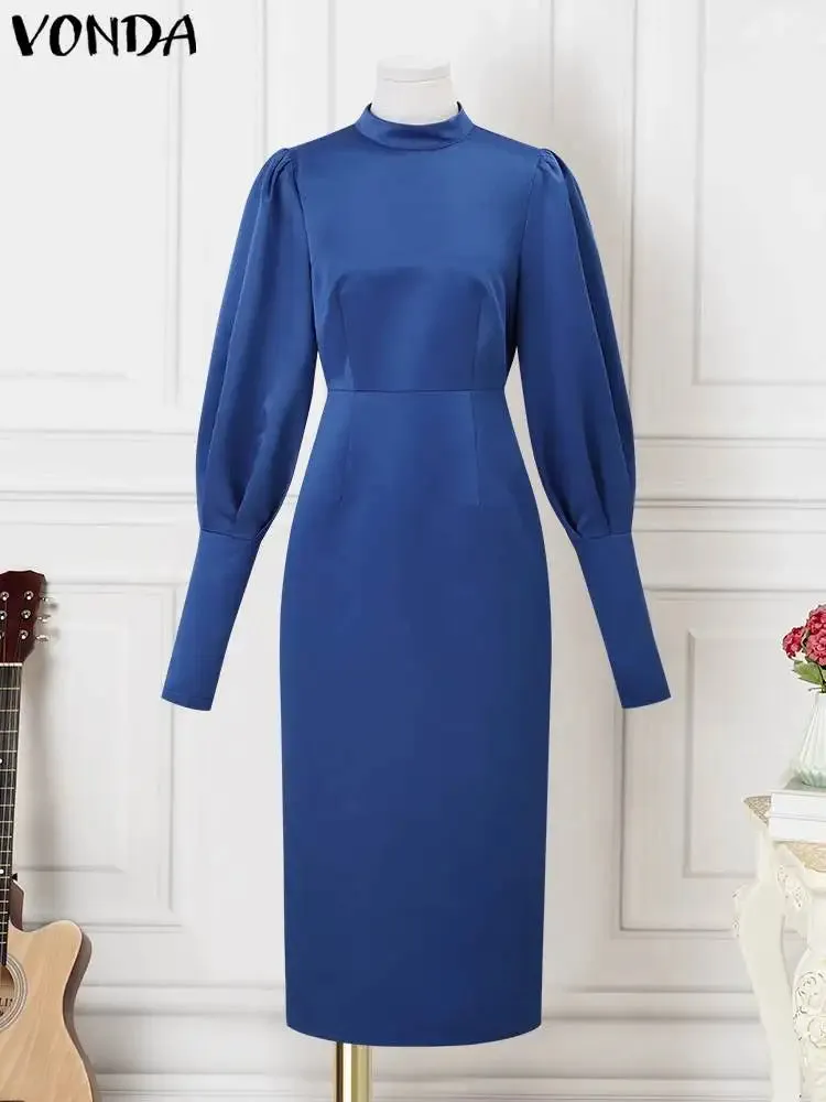 VONDA Elegant Party Dress Autumn Women Satin Silk Dress Long Sleeve Sundress Stand Collar Solid Color Casual Vestidos Robe