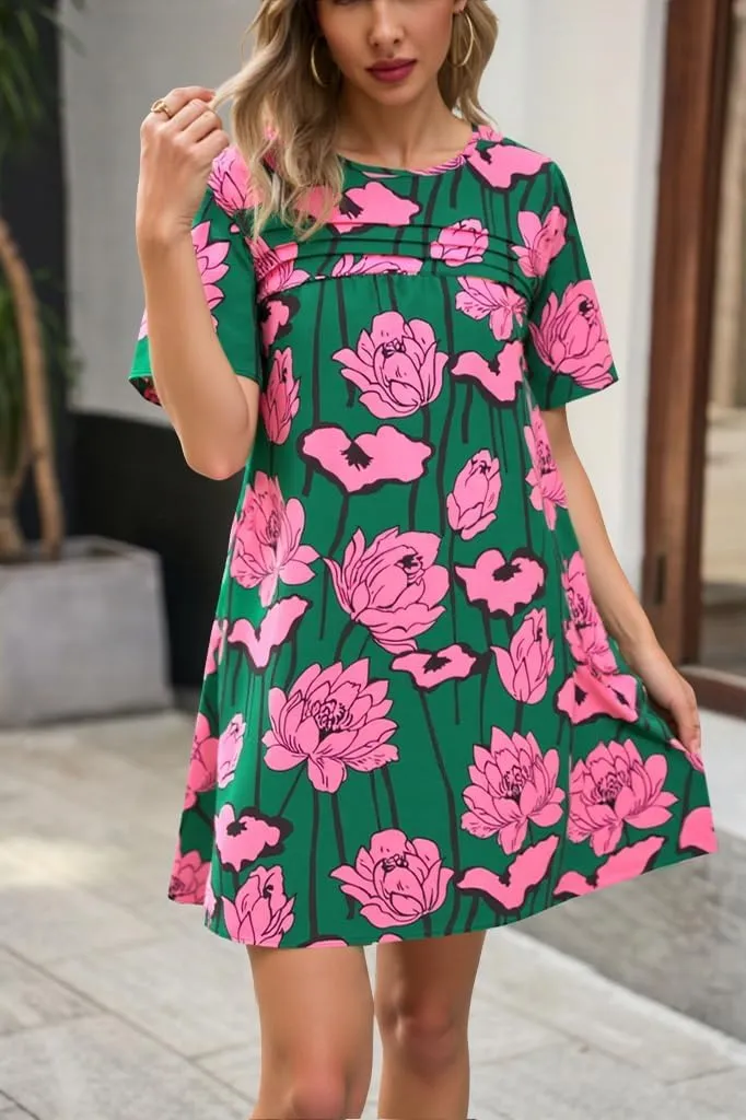 Wenrine Womens Summer Dress Casual Floral Mini Dress Short Sleeve Pleated Front Loose Beach Tunic Dresses with Pockets