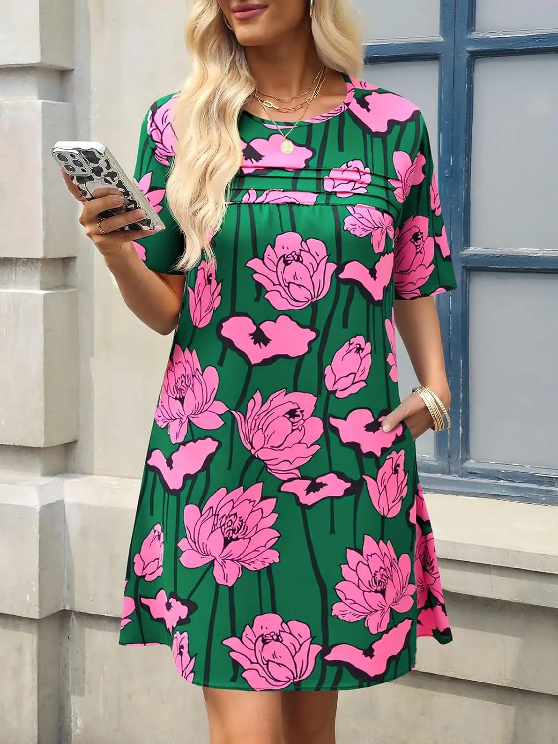 Wenrine Womens Summer Dress Casual Floral Mini Dress Short Sleeve Pleated Front Loose Beach Tunic Dresses with Pockets