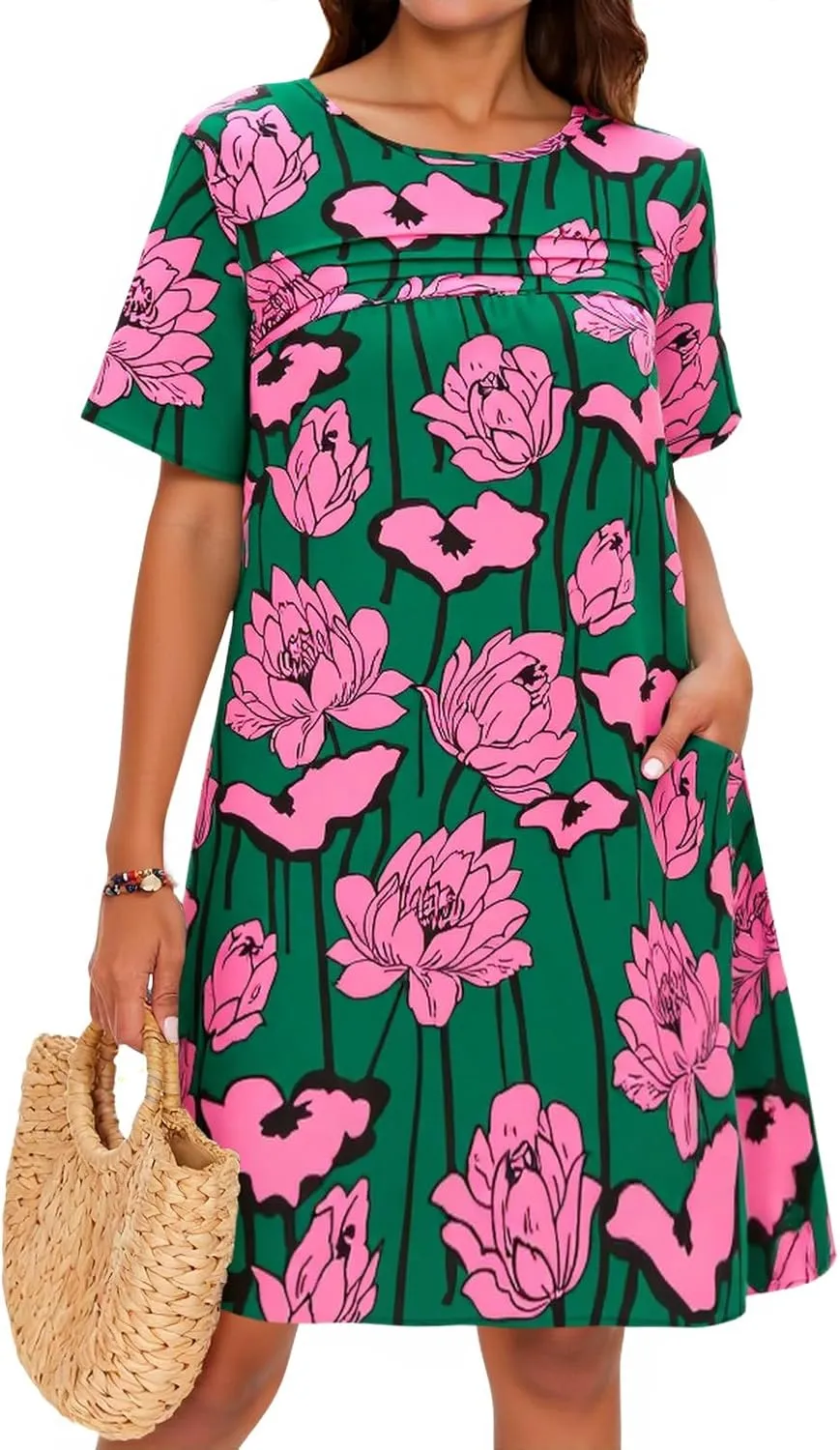 Wenrine Womens Summer Dress Casual Floral Mini Dress Short Sleeve Pleated Front Loose Beach Tunic Dresses with Pockets